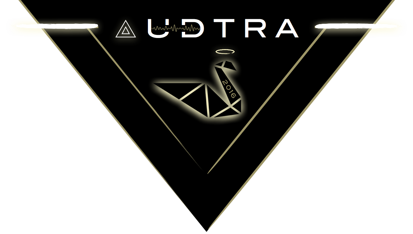 Black and gold AUDTRA logo in V-shape with stylized geometric swan, halo, and "2016" text.