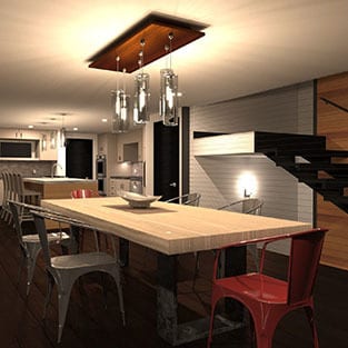 Kitchen &#x26; dining room table, Interior design, Furniture, Countertop, Cabinetry, Wood, Chair, Lighting