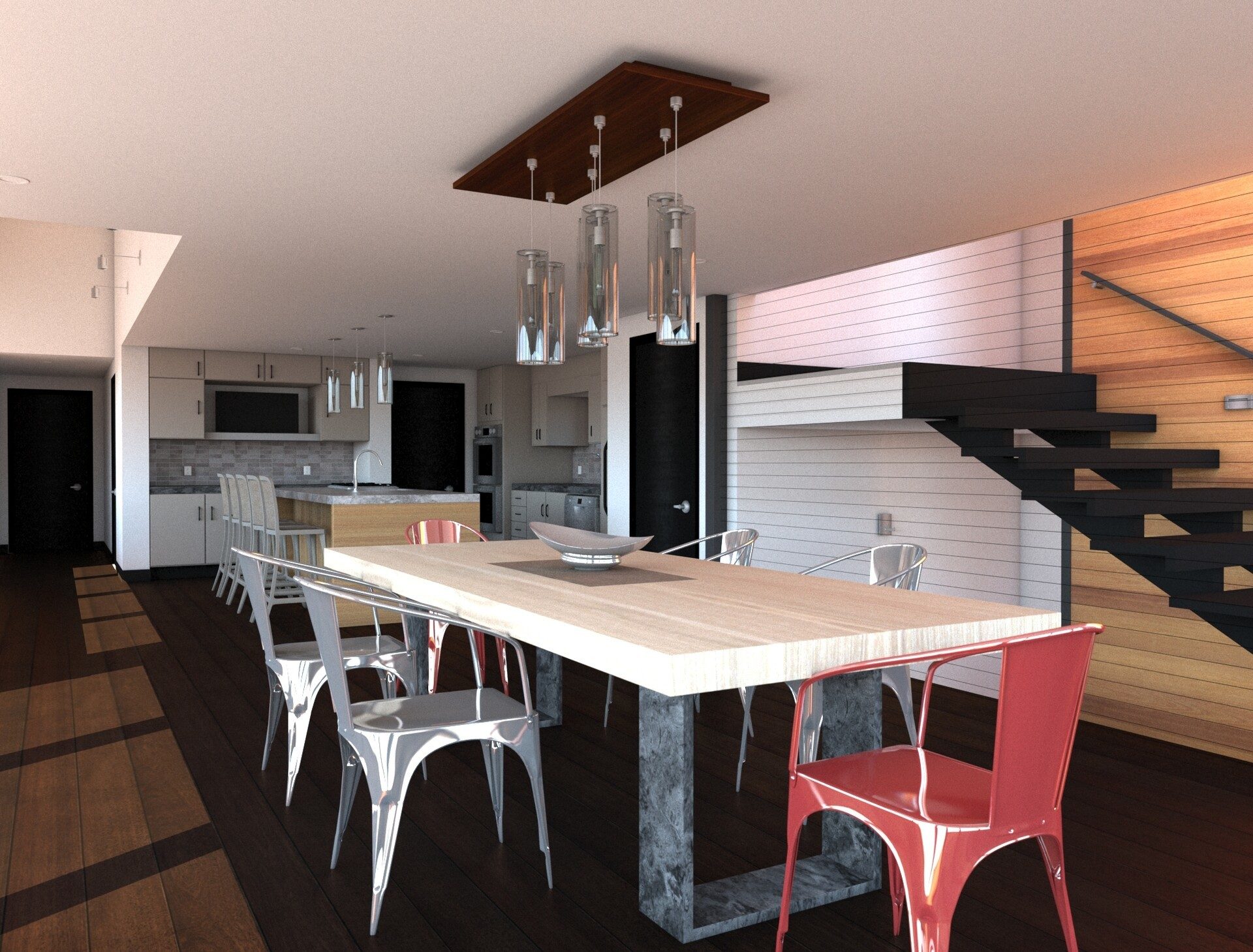 Kitchen &#x26; dining room table, Interior design, Wood stain, Furniture, Countertop, Cabinetry, Chair, Flooring
