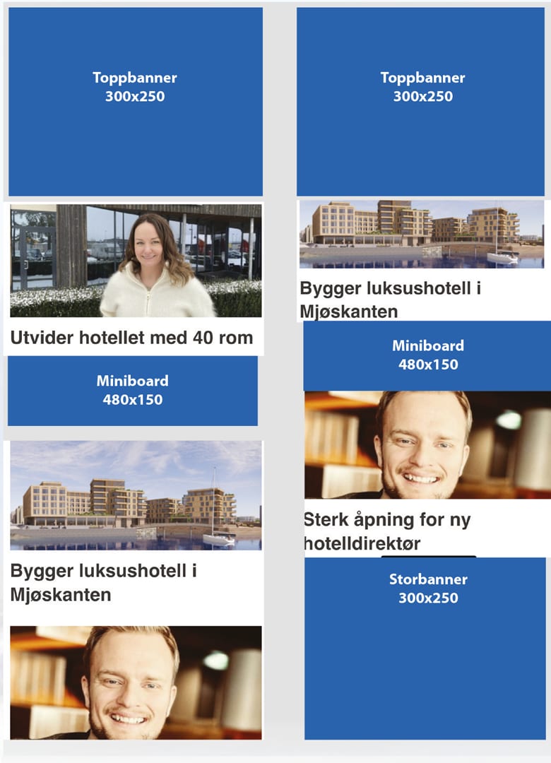 Webpage layout showing various sized ad banners and news articles about hotel expansion and construction.
