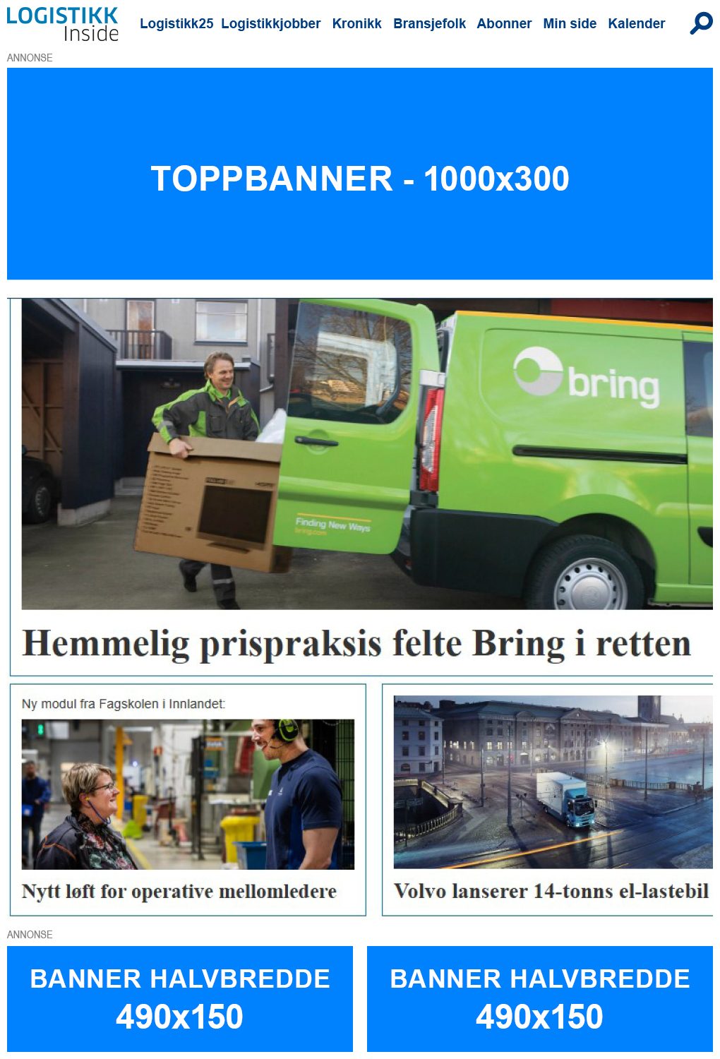 A logistics news webpage featuring articles on Bring, Volvo electric truck, and ad banners.