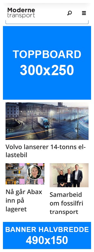 Mobile site "Moderne transport" with news on Volvo truck, logistics, fossil-free transport, and ad banners.