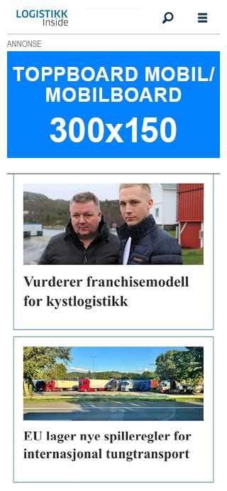 Mobile logistics news site with an ad banner and articles on coastal logistics and heavy transport.