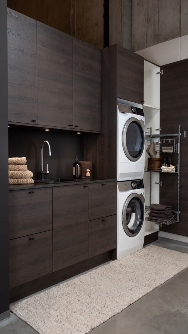 Washing machine, Clothes dryer, Laundry room, Interior design, Home appliance, Cabinetry, Floor