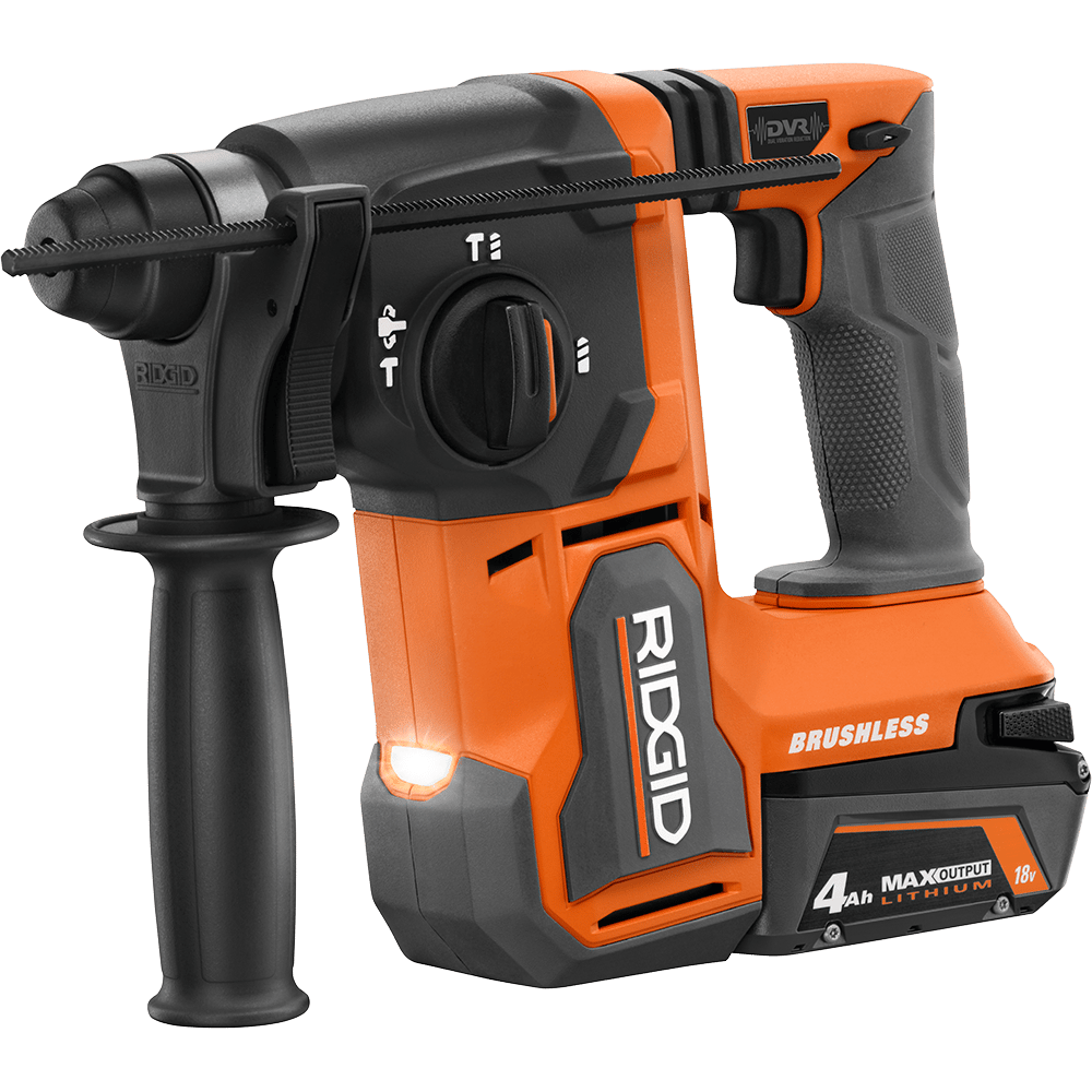 Orange and black Ridgid 18V cordless brushless rotary hammer drill with 4Ah MAX OUTPUT battery.