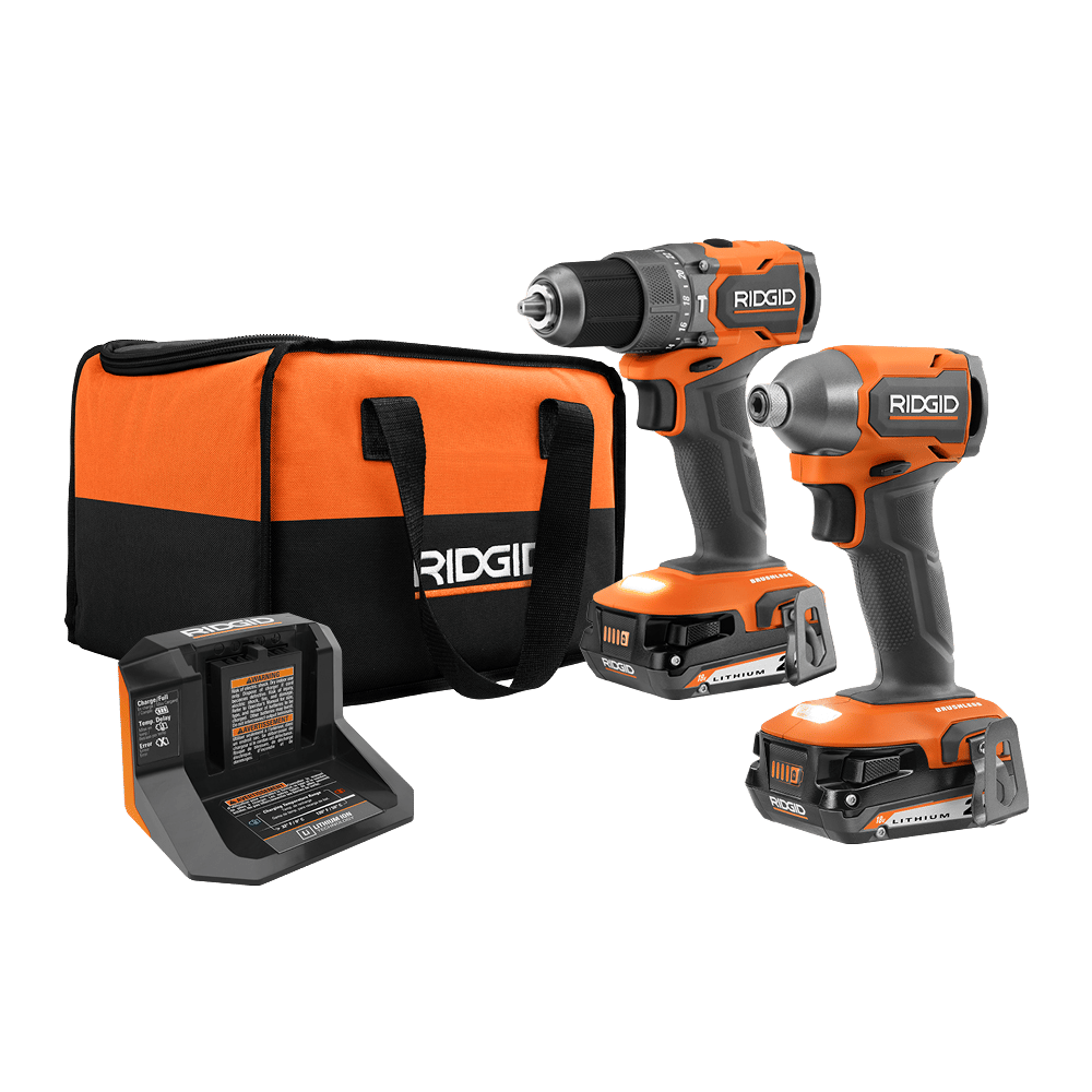 Ridgid 18V brushless drill/driver and impact driver combo kit with batteries, charger, and tool bag.