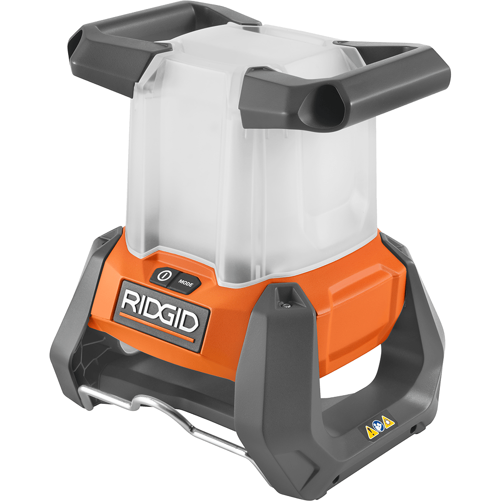 An orange and grey RIDGID LED work light with a translucent white cover and carrying handles.