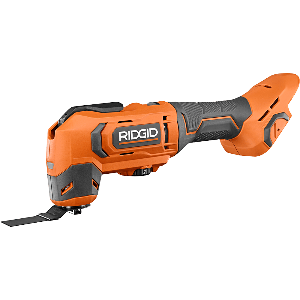 Orange and black Ridgid oscillating multi-tool with a blade attached, seen from a side angle.