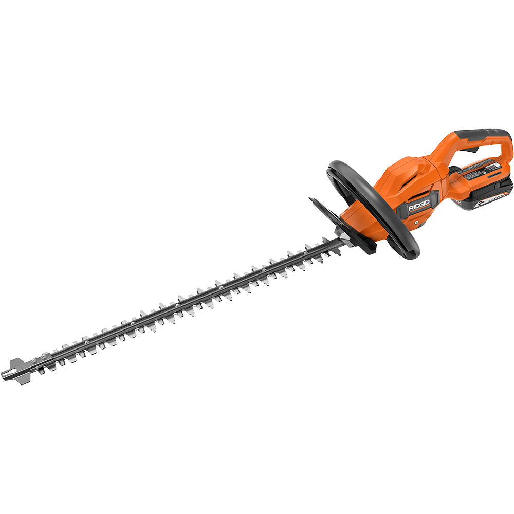 An orange and black Ridgid cordless hedge trimmer with a long cutting blade.