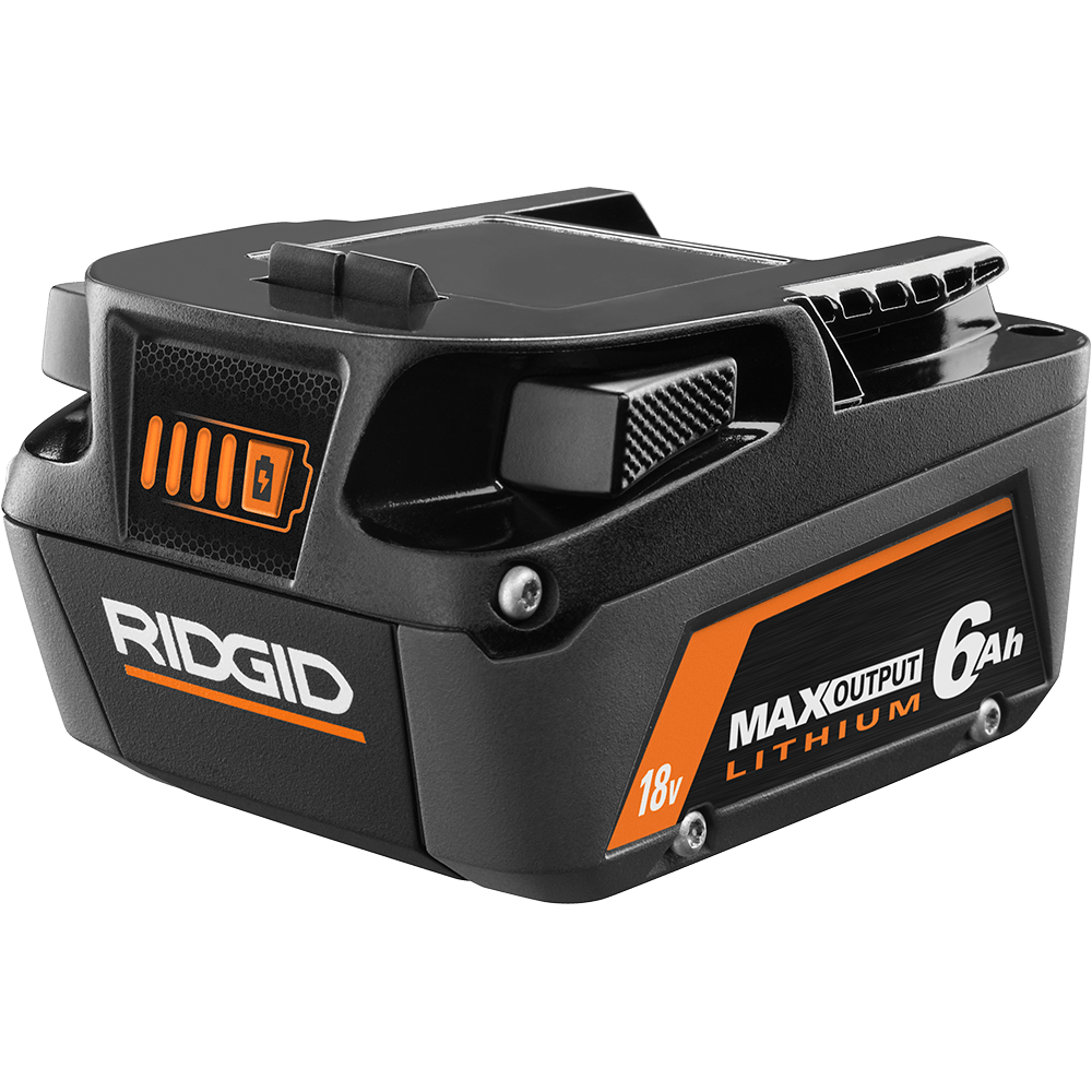 Black and orange Ridgid 18V Max Output 6Ah Lithium battery with charge indicator.