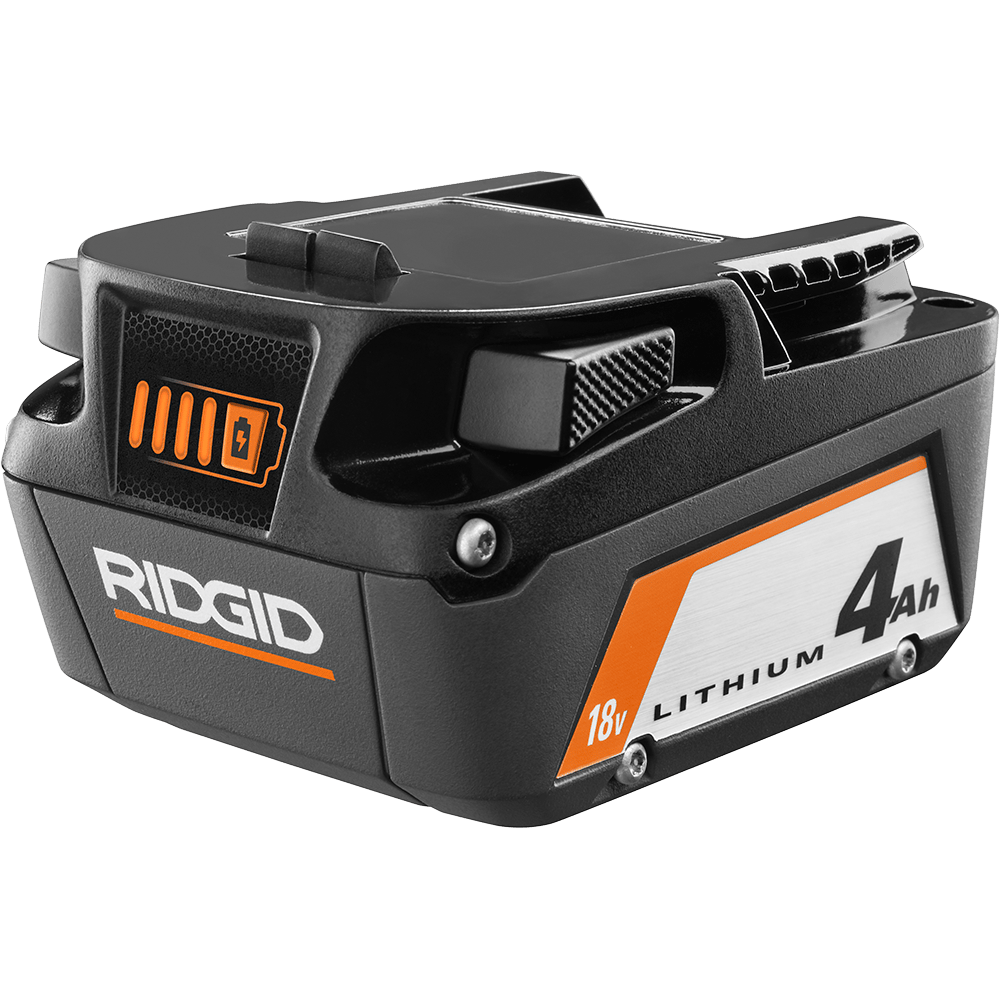 A black and orange Ridgid 18V Lithium 4Ah battery with a charge indicator showing full power.