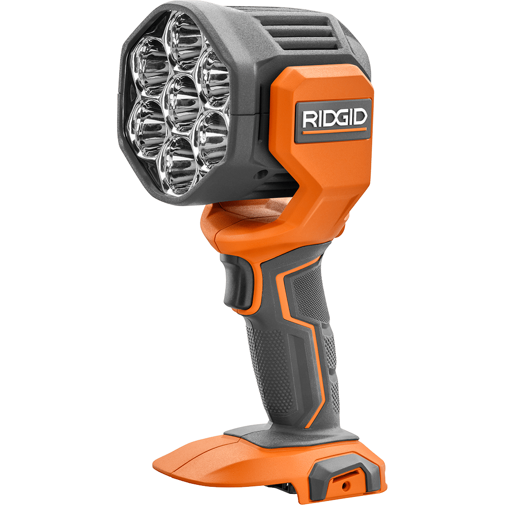 An orange and black Ridgid handheld LED work light with multiple bulbs.
