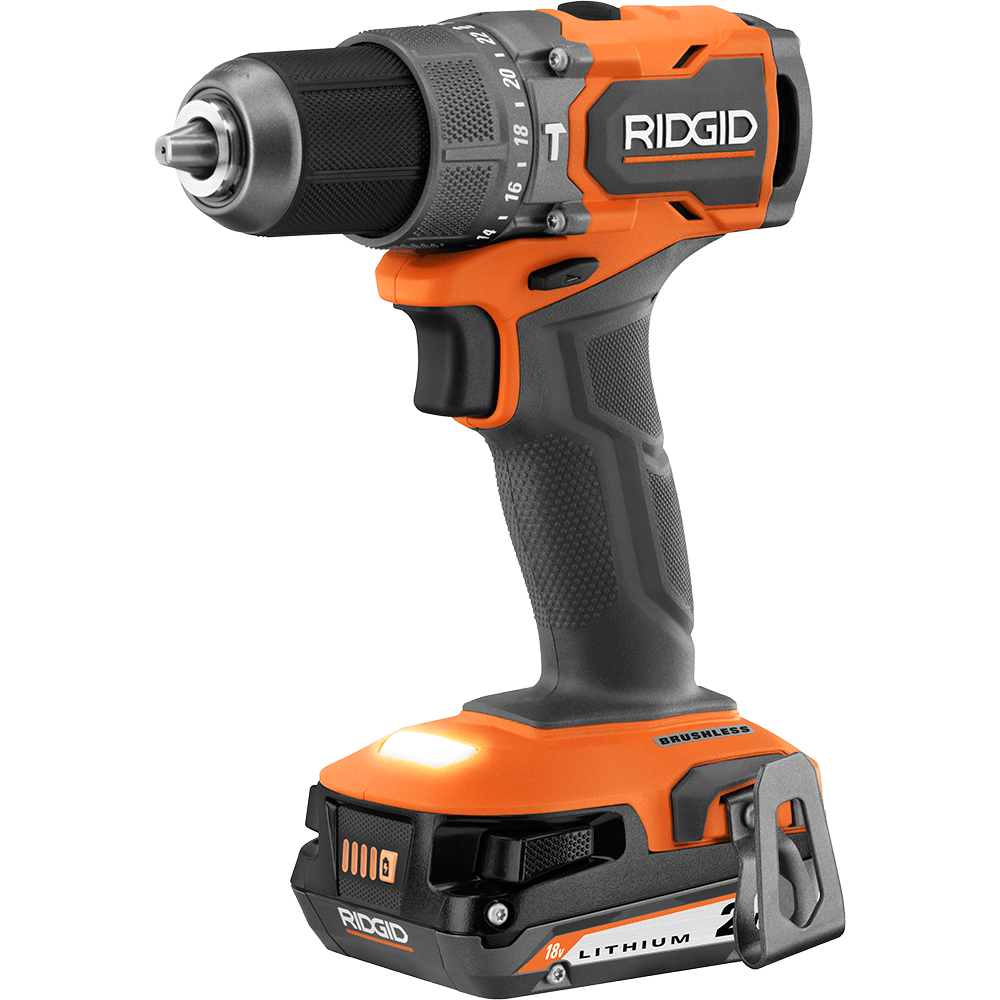 Ridgid 18V Lithium Brushless cordless drill driver in orange and black, with a spotlight.