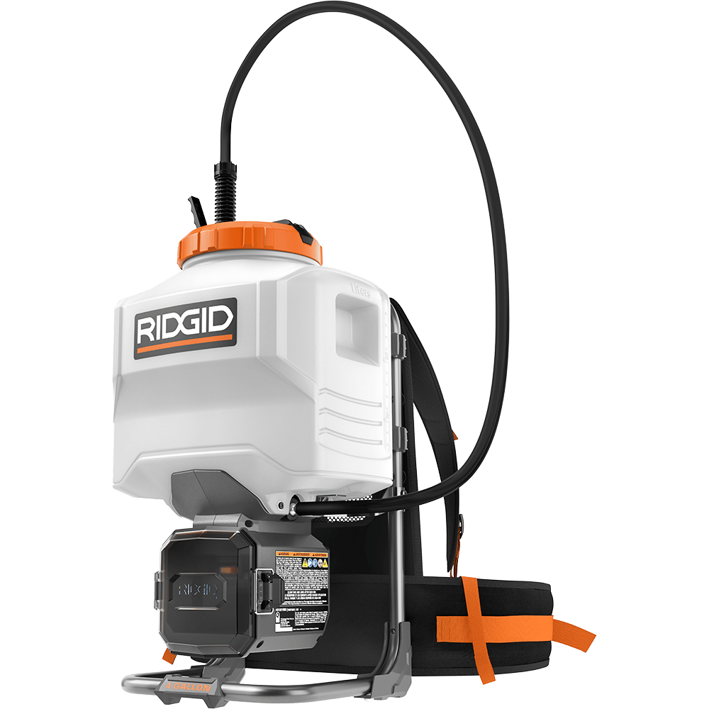 RIDGID backpack sprayer with white tank, orange lid, and black components on a green background.