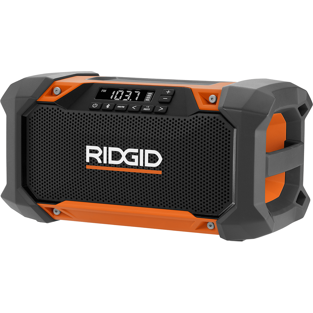 An orange and grey RIDGID jobsite radio with a digital display showing FM 103.7 and control buttons.