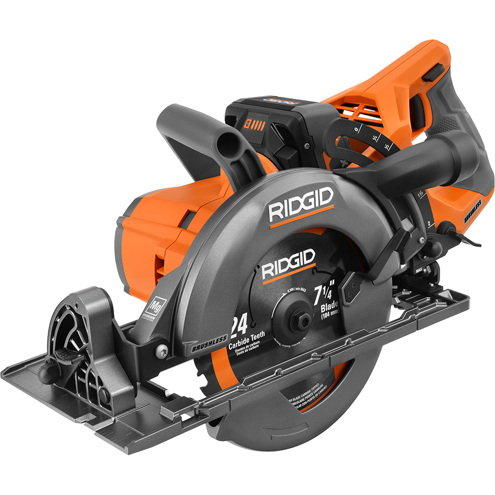 An orange and grey Ridgid 7 1/4 inch brushless circular saw for woodworking and construction.