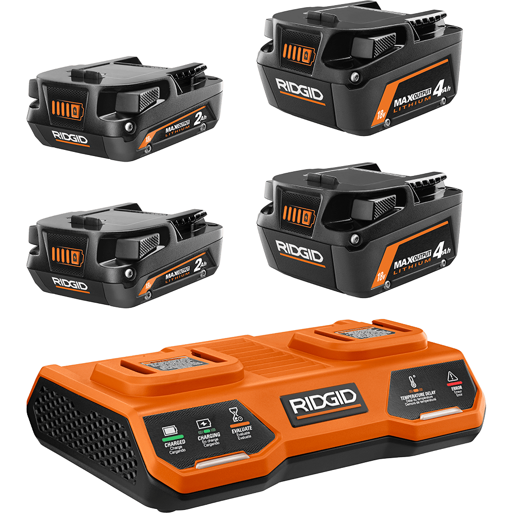 Ridgid 18V Max Output Lithium-Ion batteries (2Ah and 4Ah) and a dual port charger.