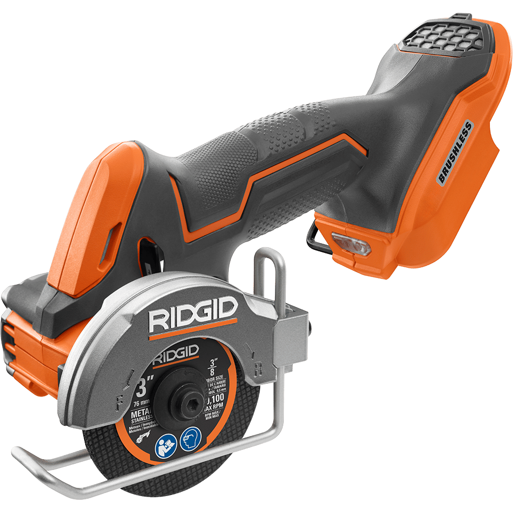 A RIDGID 3-inch cordless brushless cut-off tool with an orange and dark grey body.