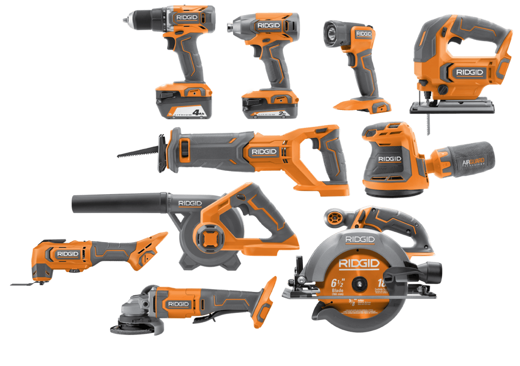 An extensive collection of RIDGID 18V cordless power tools including drills, saws, sanders, and more.
