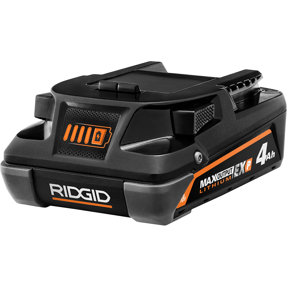 A black and orange Ridgid 18V 4Ah MAX OUTPUT EXP Lithium-Ion battery.