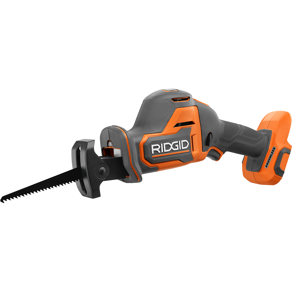 A cordless Ridgid reciprocating saw with an orange and gray body, black blade, and brushless motor.