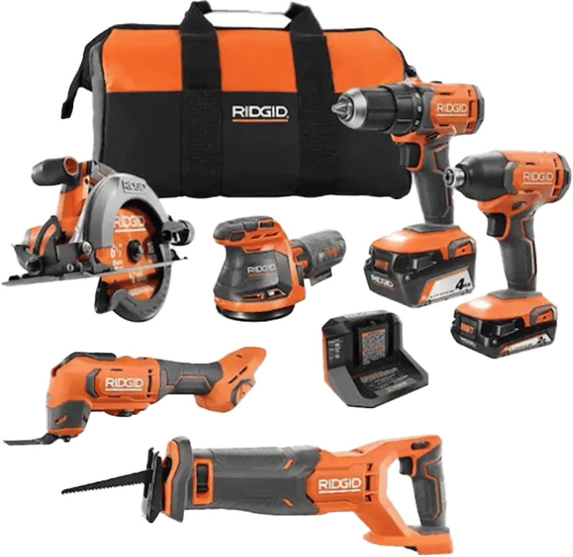 Ridgid power tool combo kit including circular saw, sander, drill, impact driver, multi-tool, reciprocating saw, charger, and bag.