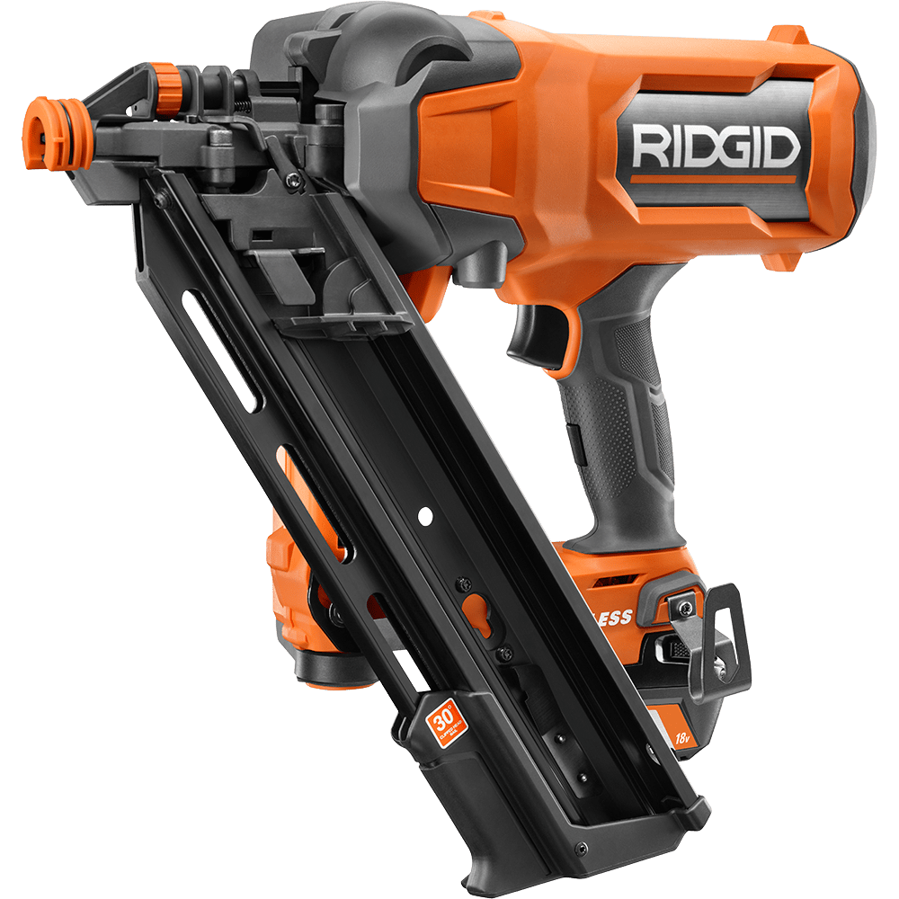 An orange and black Ridgid 18V cordless 30-degree framing nail gun.
