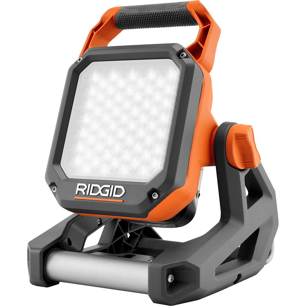 Orange and grey Ridgid LED work light with bright panel and adjustable stand.