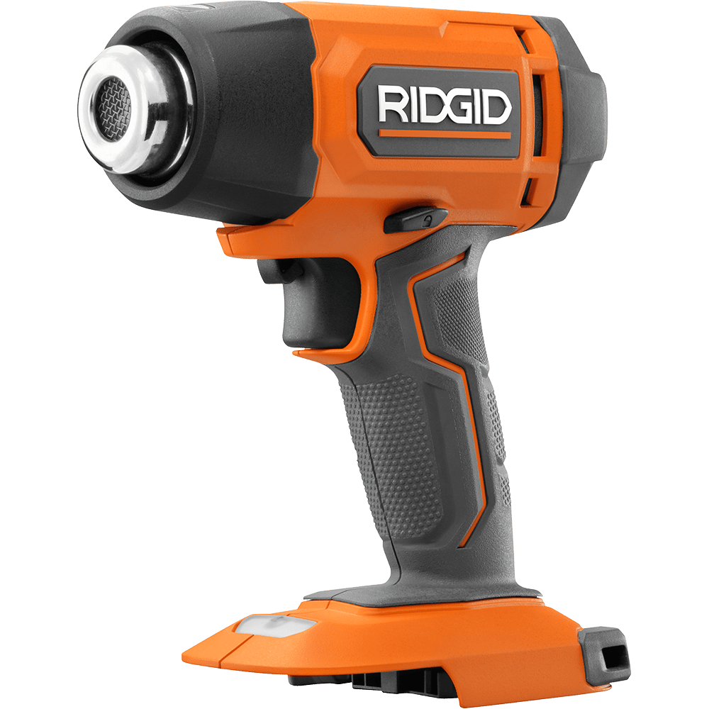 An orange and black cordless heat gun from RIDGID, showing its nozzle, body, and ergonomic handle.