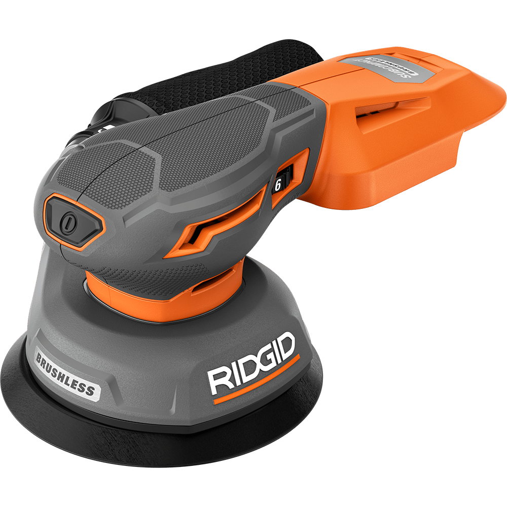 RIDGID brushless random orbital sander, orange and grey, with a speed dial.