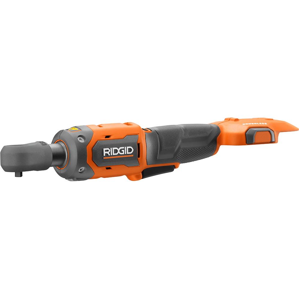 Orange and black RIDGID brushless electric ratchet tool on a green background.