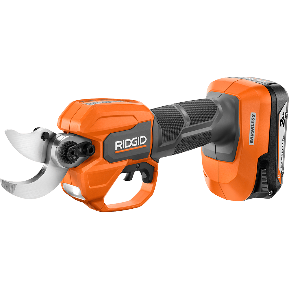 An orange and black Ridgid cordless electric pruning shear with a battery pack on a green background.