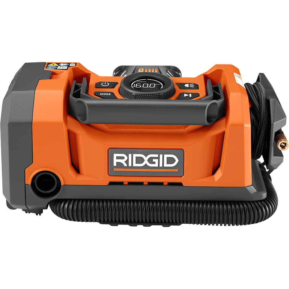 Orange and black Ridgid portable air inflator with digital display showing 160 PSI, control panel, and hose.