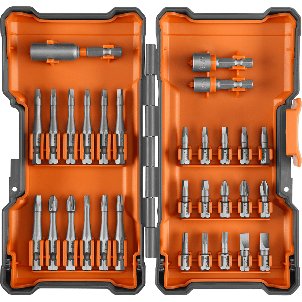 An open orange and grey case displays a wide assortment of metal screwdriver bits, nut drivers, and extensions.