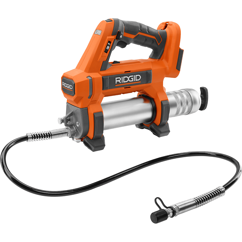 An orange and silver RIDGID cordless grease gun with a flexible black hose on a green background.
