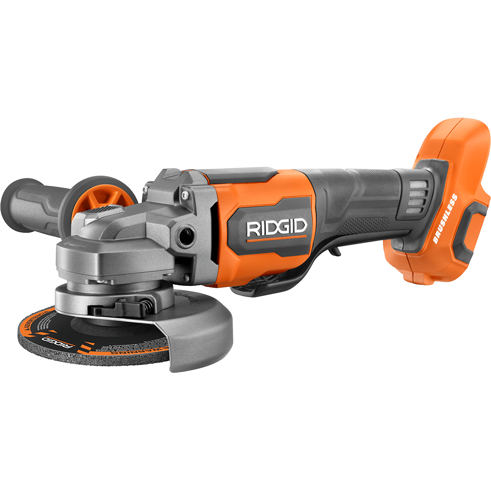 Ridgid cordless angle grinder with cutting disc in orange and gray.