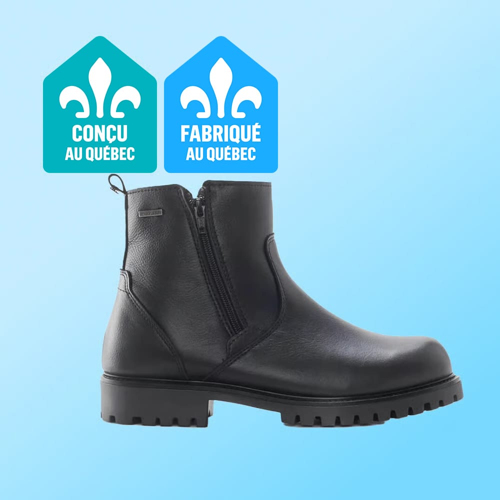 Black boot, designed and made in Quebec.