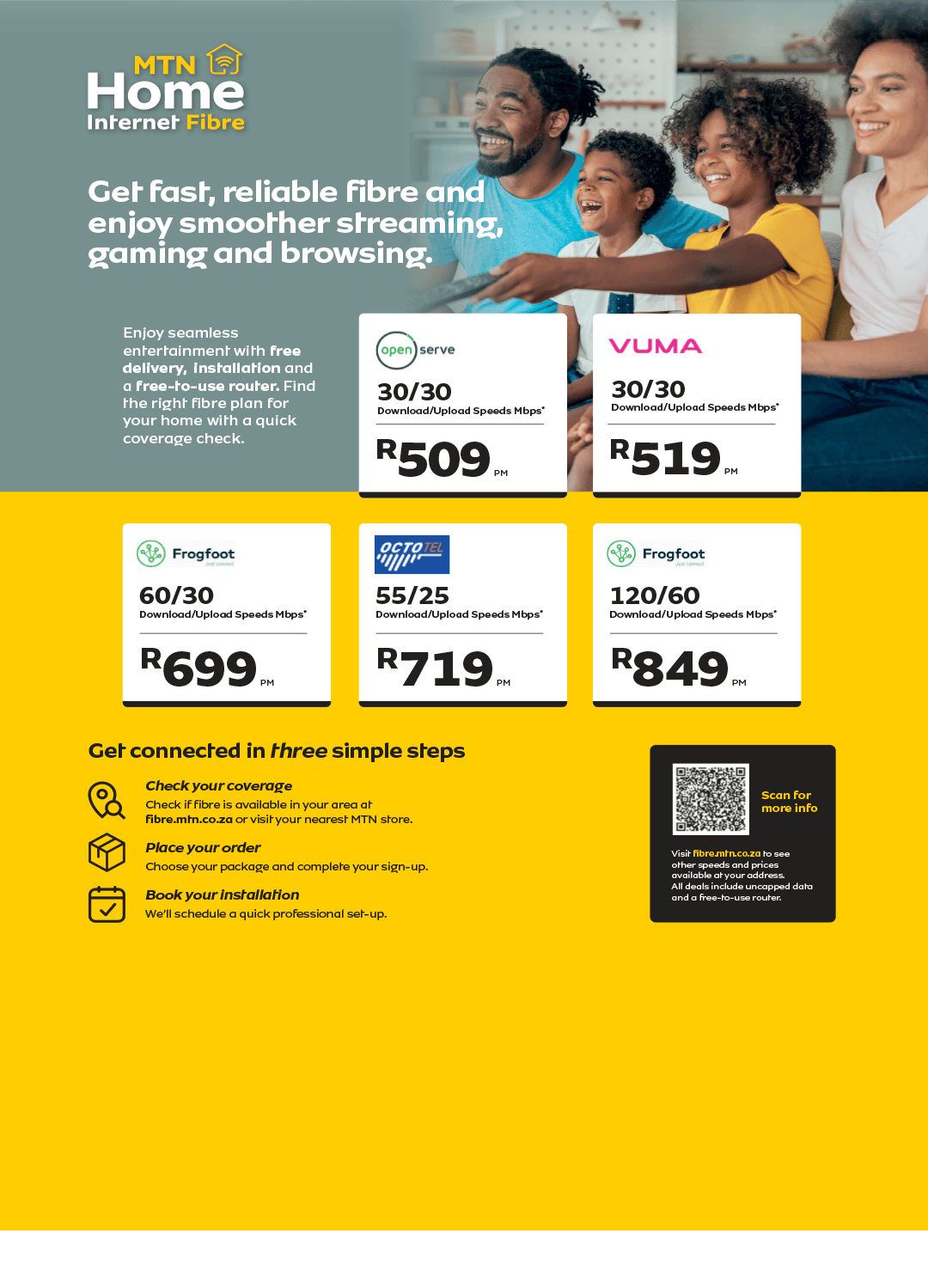 MTN fibre internet advertisement with plans, speeds, prices, and connection steps.