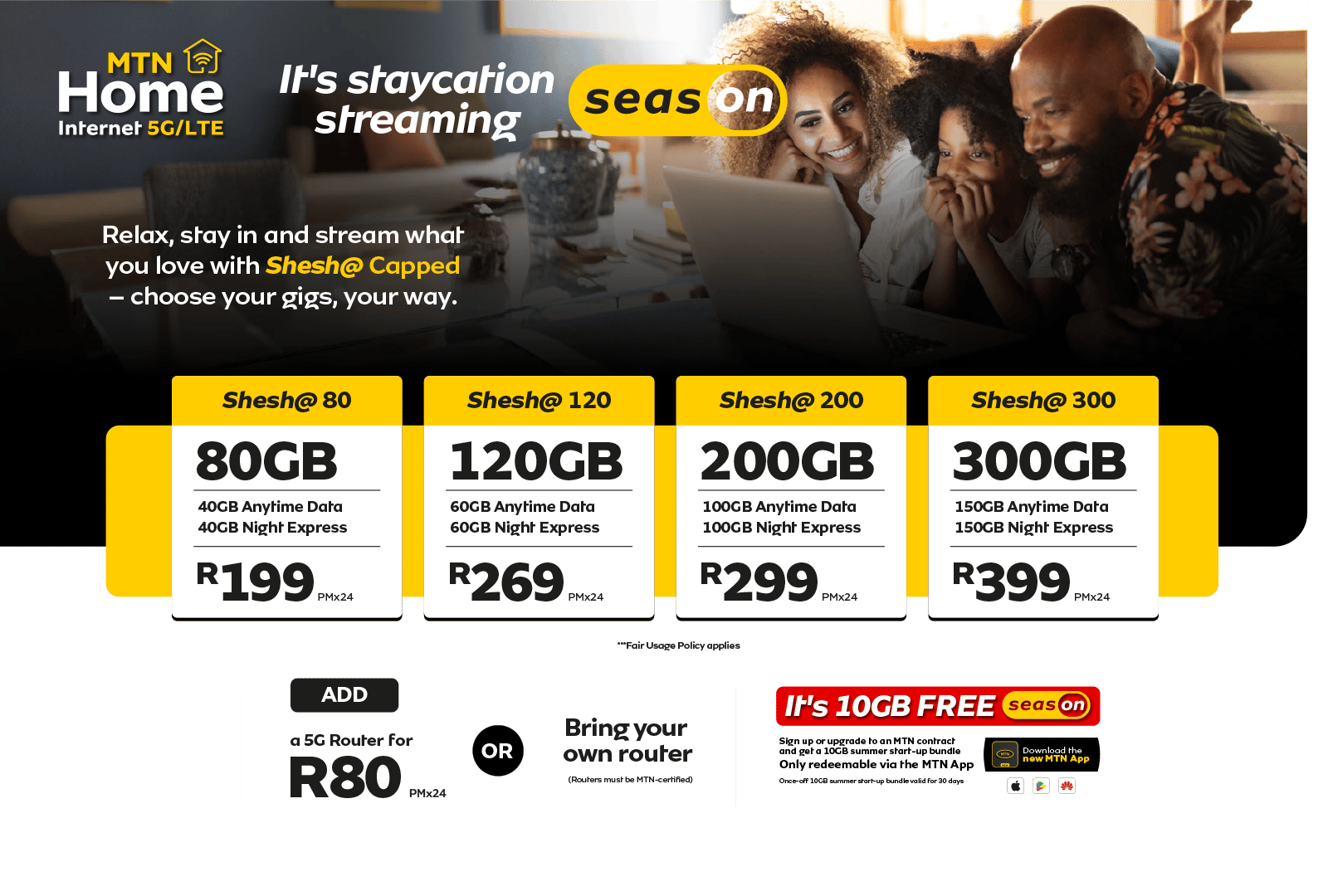 MTN Home Internet 5G/LTE ad: Staycation streaming data plans (80-300GB), router options, 10GB free.