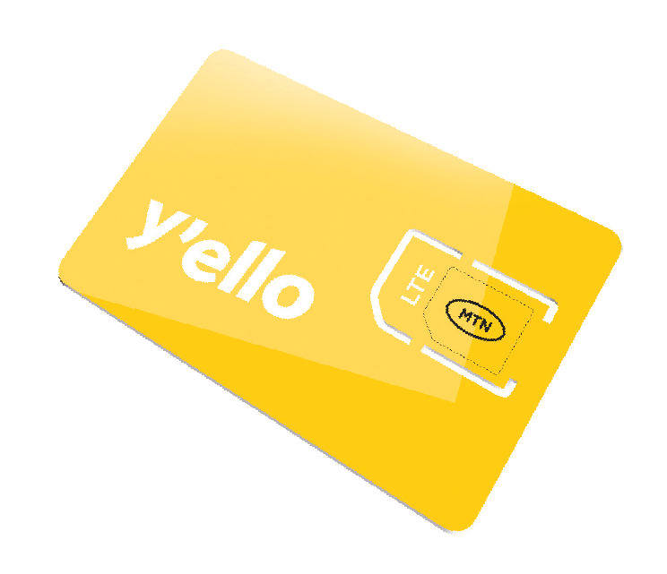 Yellow MTN LTE SIM card packaging with "y'ello" text.