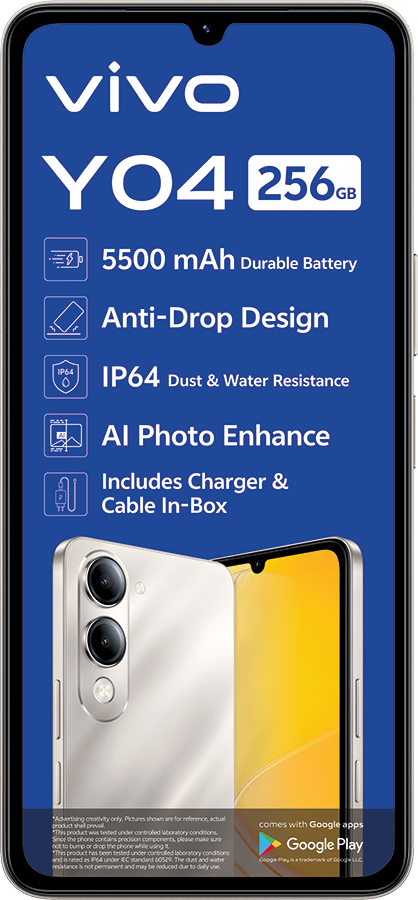 Vivo Y04 phone showing key features: 256GB, 5500mAh battery, IP64, Anti-Drop, AI Photo Enhance, charger included.