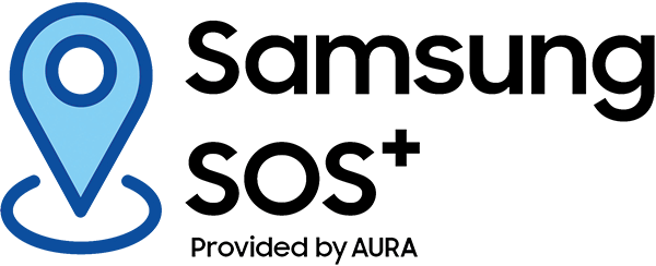 Blue location pin icon next to "Samsung SOS+" logo, "Provided by AURA" below.