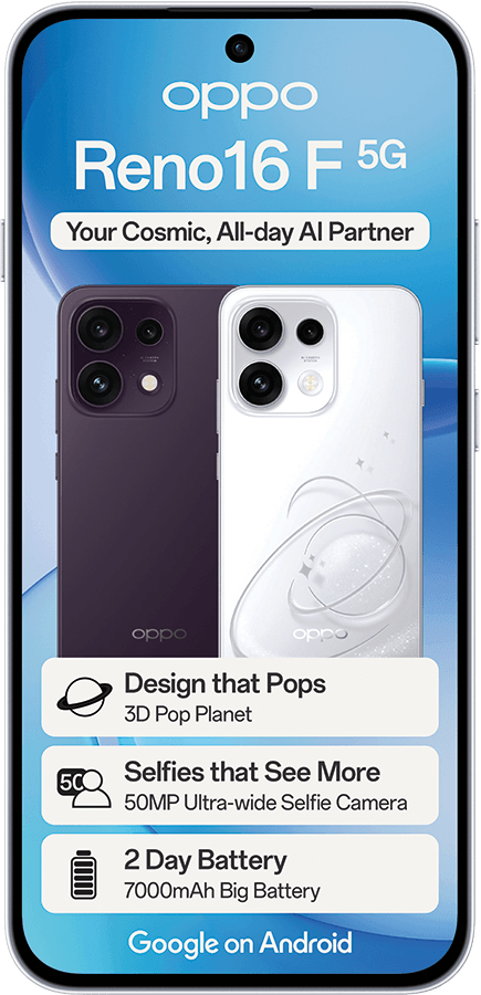 OPPO Reno16 F 5G phone showcasing cosmic AI, 3D design, 50MP selfie cam, and 2-day 7000mAh battery.