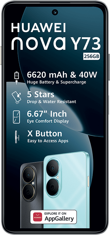 Huawei Nova Y73 phone featuring 6620mAh battery, 6.67" eye comfort display, and drop/water resistance.