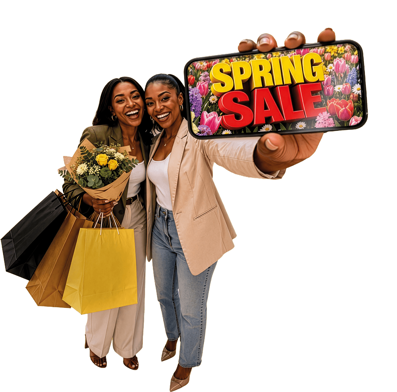Two smiling women with shopping bags and flowers, one holding a phone displaying a "SPRING SALE" message.