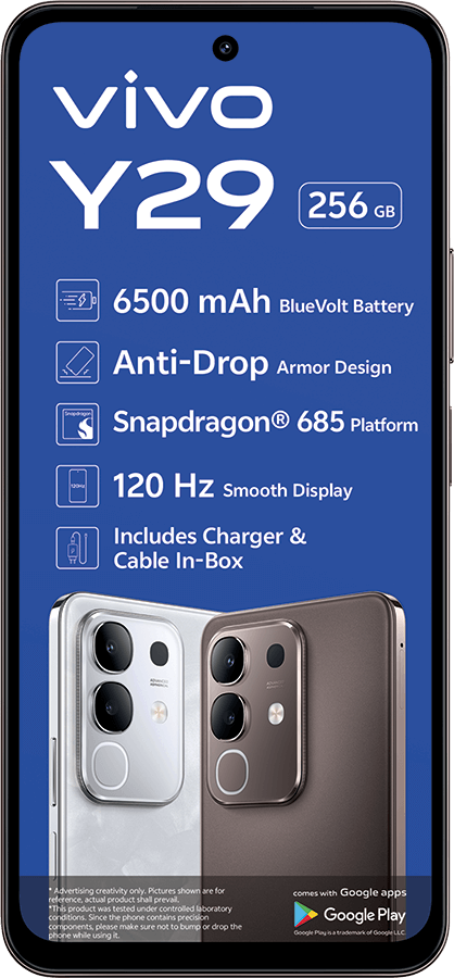 Vivo Y29 smartphone (256GB) with 6500mAh battery, Snapdragon 685, 120Hz display, and charger.