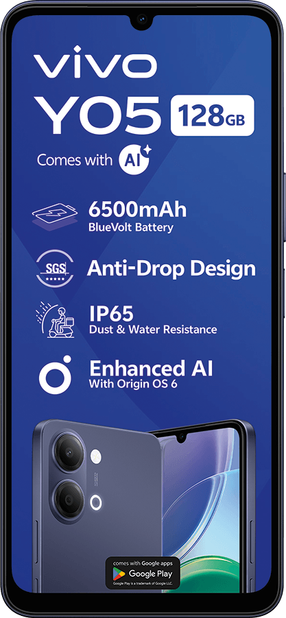 Vivo Y05 with 128GB storage, 6500mAh BlueVolt Battery, Anti-Drop, IP65, and Enhanced AI.
