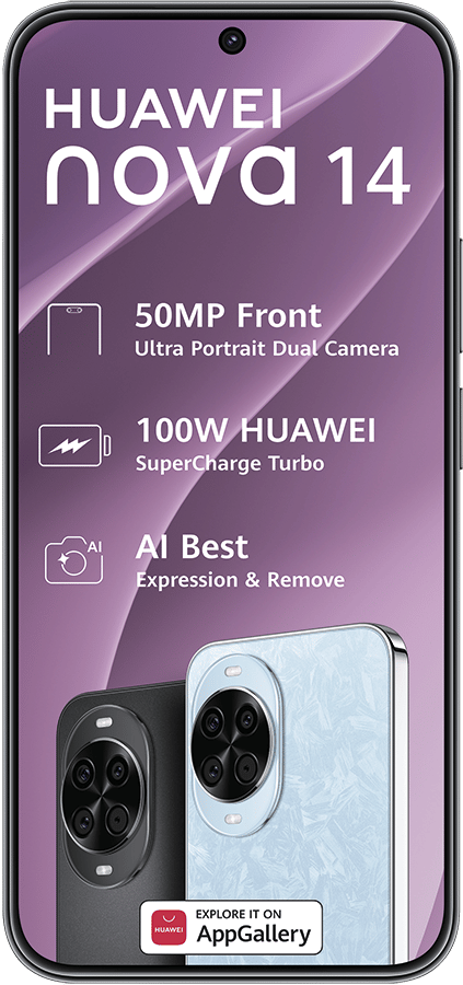 Huawei Nova 14 smartphone ad: 50MP front camera, 100W SuperCharge, AI features, AppGallery.