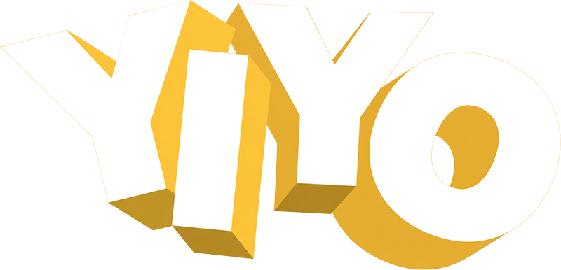 A 3D logo of the word YIYO in white with golden yellow shading, on a black background.