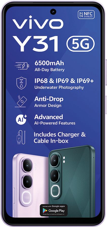 vivo Y31 5G phone ad highlighting 6500mAh battery, IP68/69, anti-drop, AI features, and included charger.